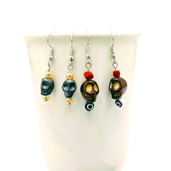 *SKULL EARRINGS* TWO PAIR*ONE PAIR HAS EVIL EYE BEAD*HAND CRAFTED* - Picture 1 of 4